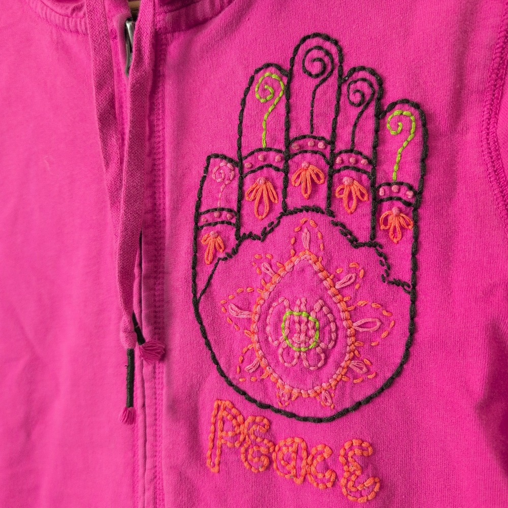 VTG Lucky Brand Pink Full‎ Zip Hoodie Peace Hand Embroidered Flower Boho Y2K  L - Picture 2 of 10